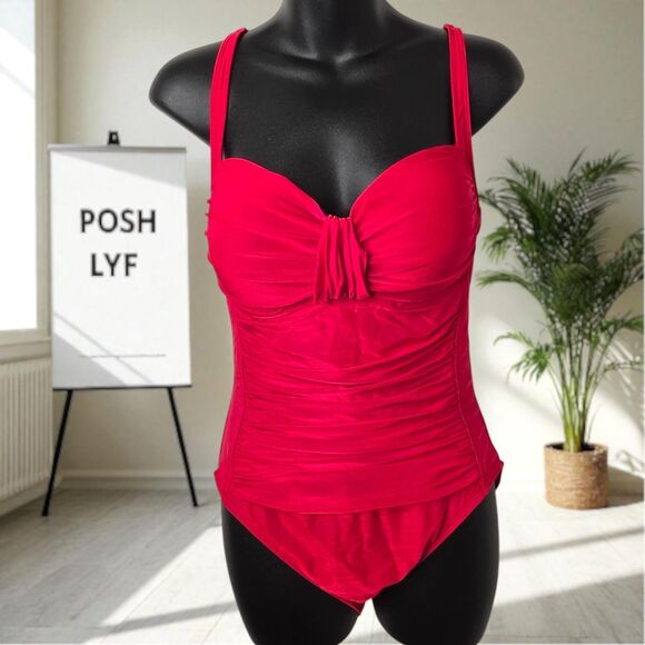 La Blanca Ruched One Piece Swimsuit Padded Cups Red Size 10 - Picture 4 of 11